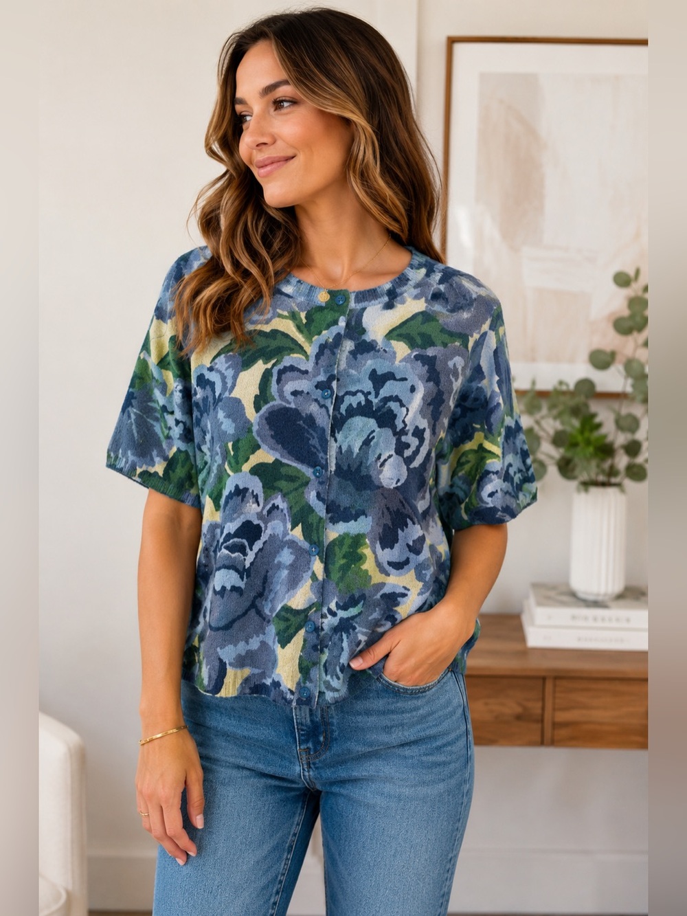 Ted Baker London Floral Cardigan Sweater Large Blue Green Button Front